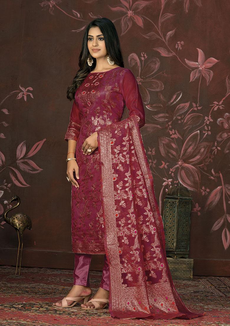 Peach Printed Organza Dress Material