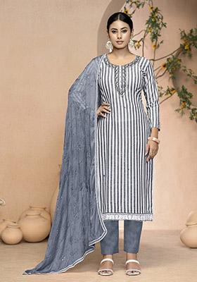 Grey Printed Organza Dress Material