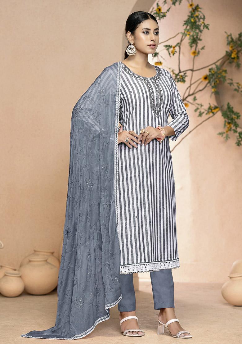 Grey Printed Organza Dress Material