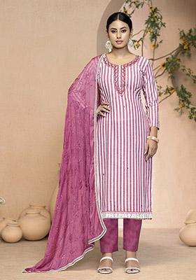 Pink Printed Organza Dress Material