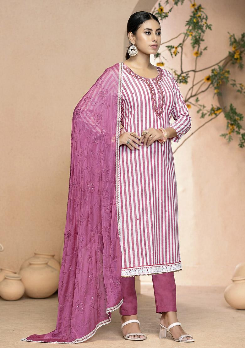 Pink Printed Organza Dress Material