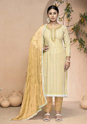 Yellow Printed Organza Dress Material