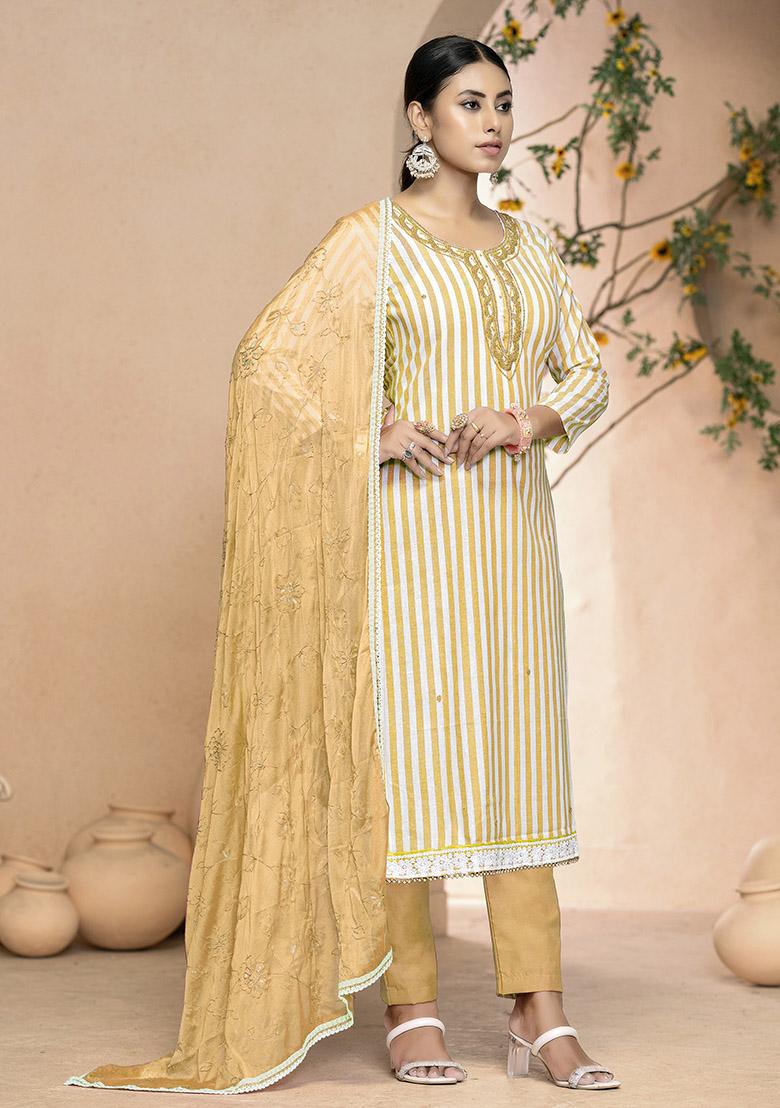 Yellow Printed Organza Dress Material