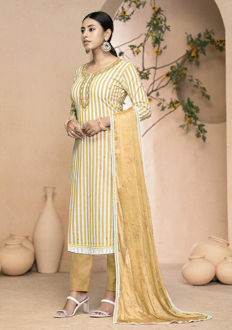 Yellow Printed Organza Dress Material