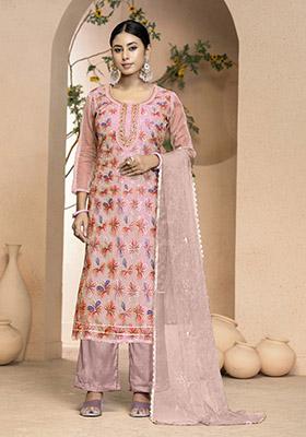 Peach Printed Organza Dress Material