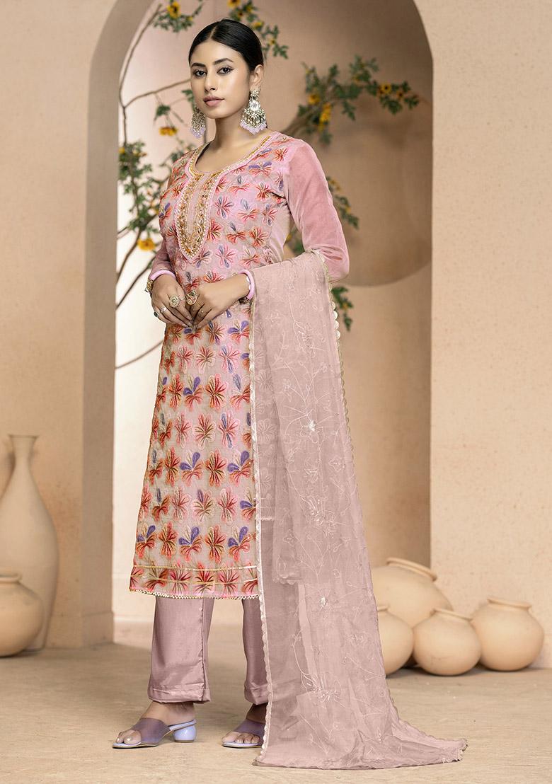 Peach Printed Organza Dress Material