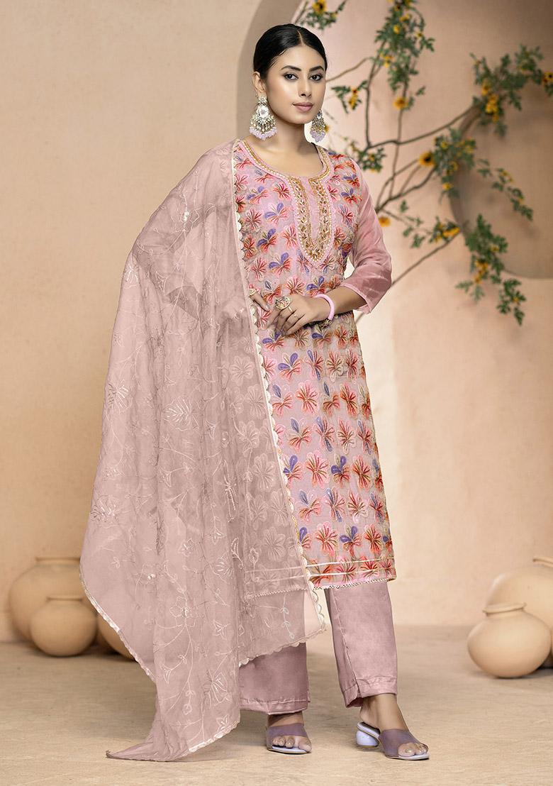 Peach Printed Organza Dress Material