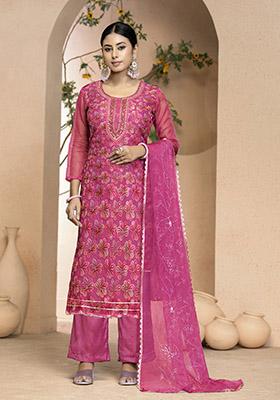 Rani Pink Printed Organza Dress Material