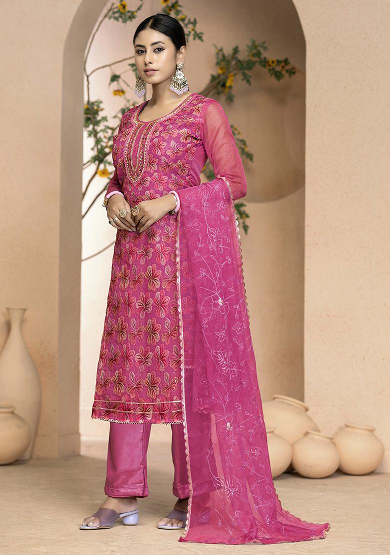 Rani Pink Printed Organza Dress Material