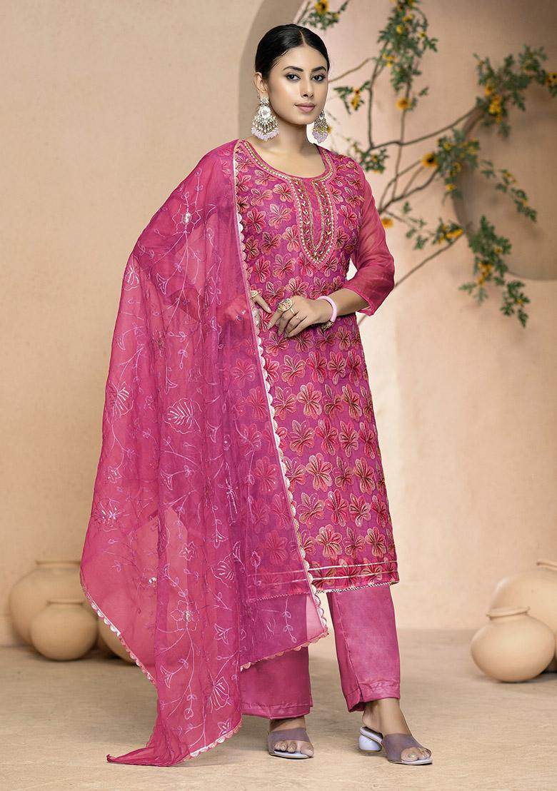 Rani Pink Printed Organza Dress Material
