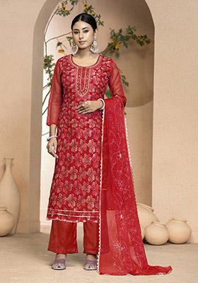 Red Solid Cotton Dress Material