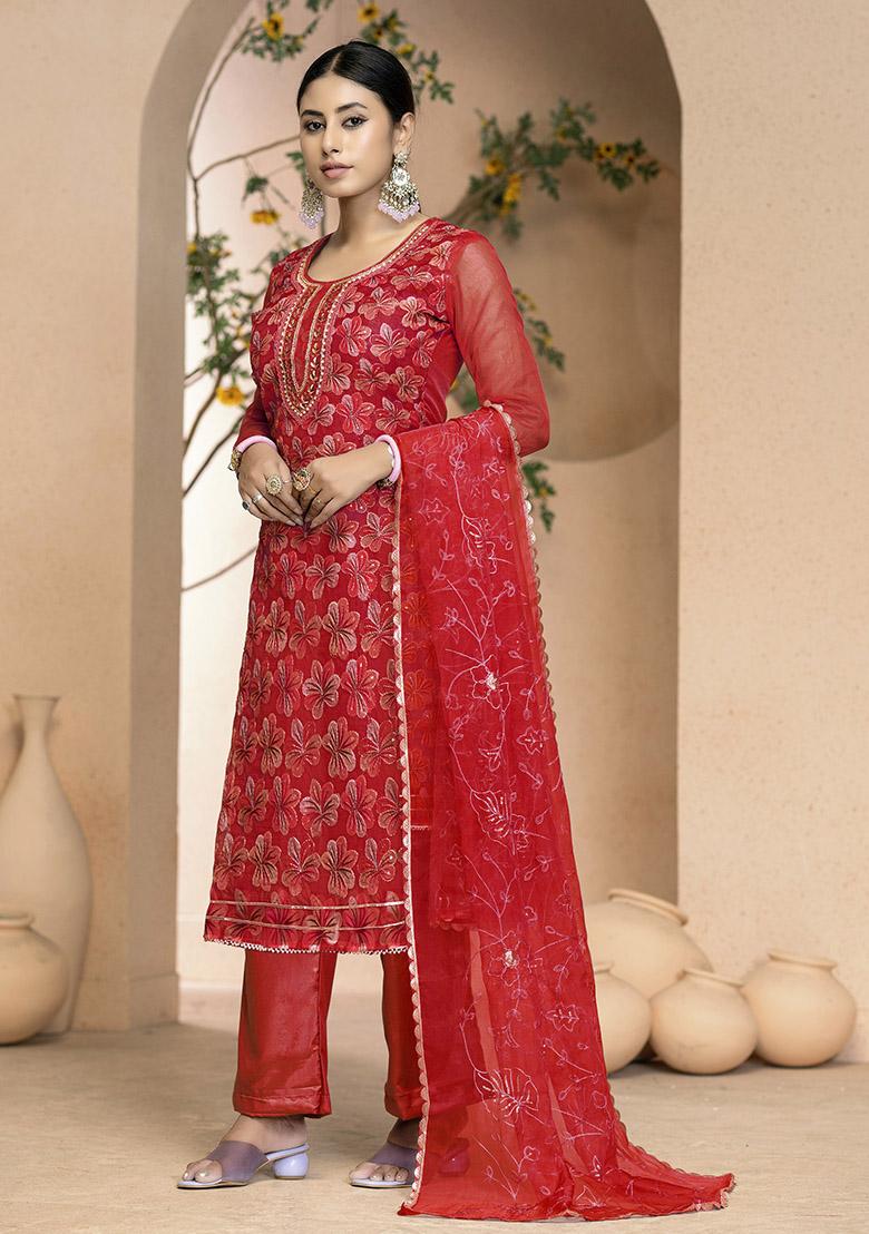 Red Solid Cotton Dress Material