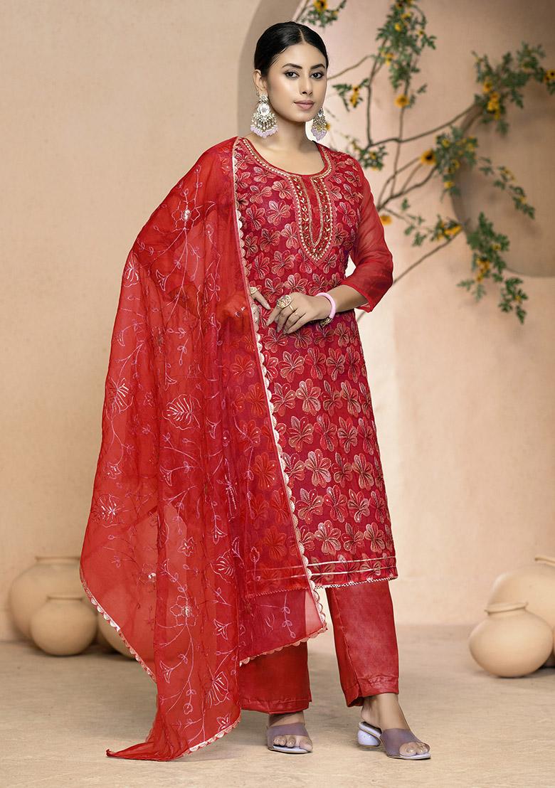 Red Solid Cotton Dress Material