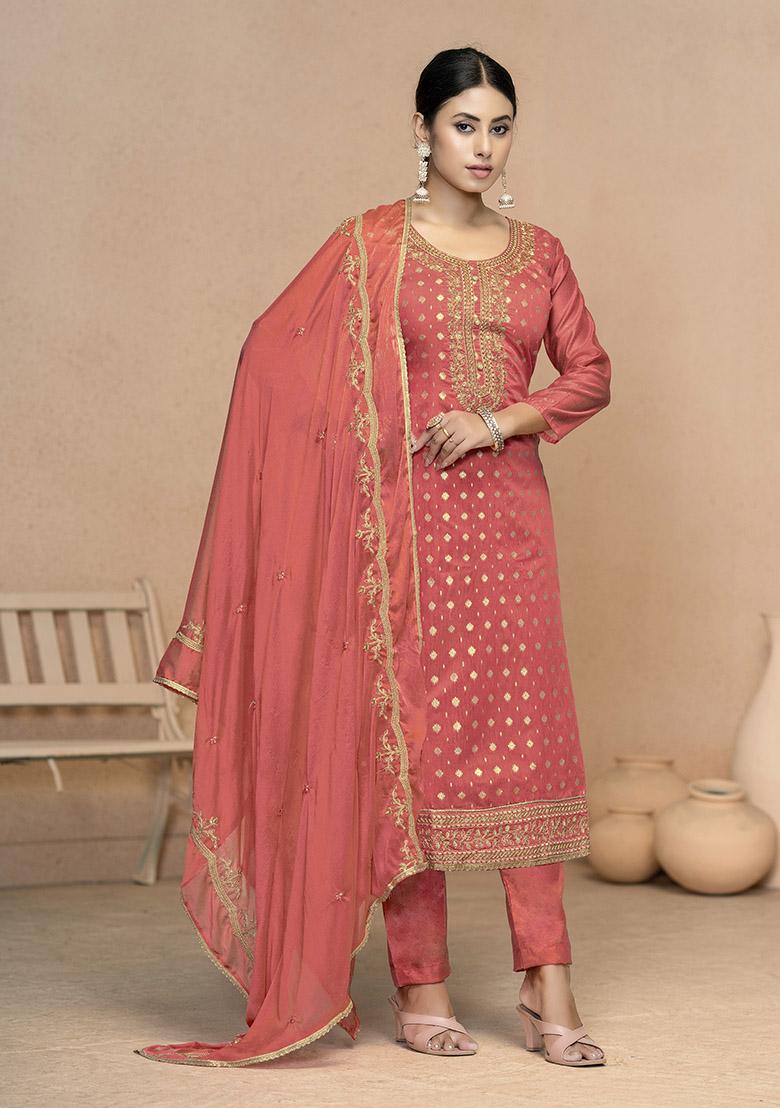 Gajri Pink Solid Cotton Dress Material
