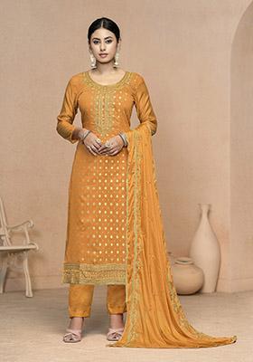 Yellow Printed Organza Dress Material