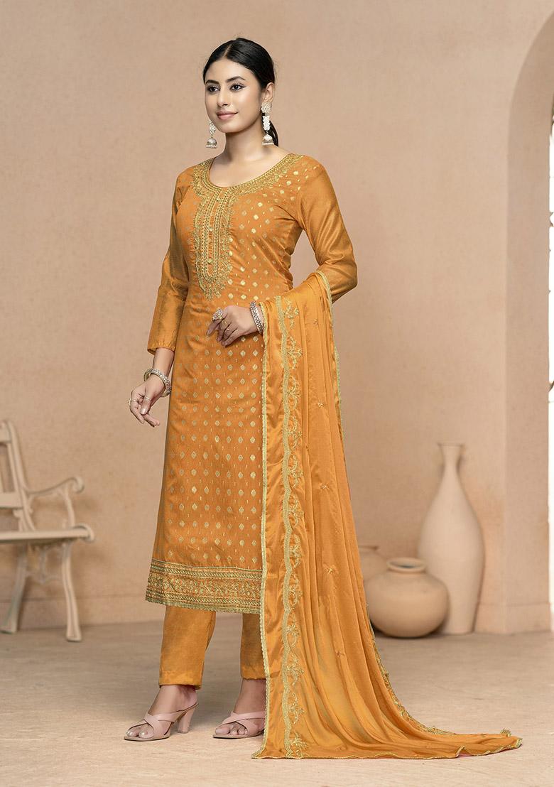 Yellow Printed Organza Dress Material