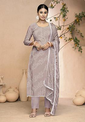Grey Printed Organza Dress Material
