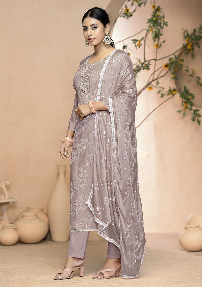 Grey Printed Organza Dress Material