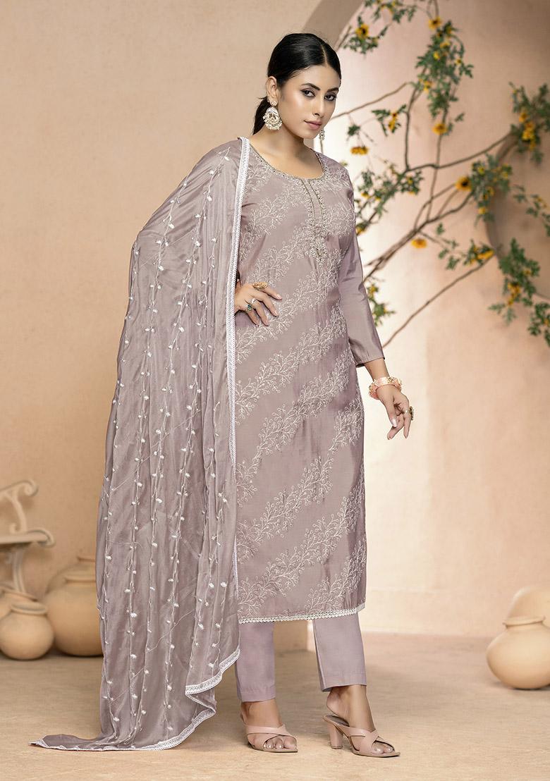 Grey Printed Organza Dress Material