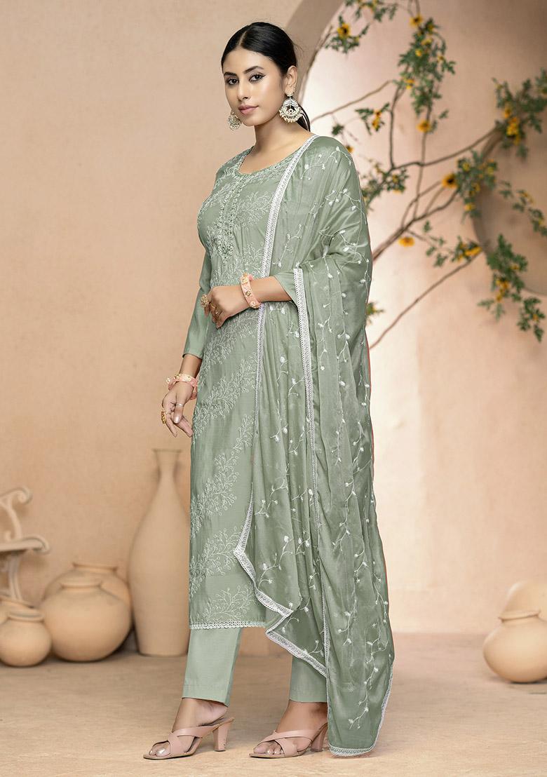 Mint Green Printed Organza Dress Material