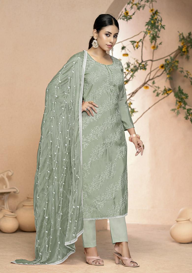 Mint Green Printed Organza Dress Material