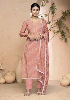 Peach Embroidered Organza Dress Material