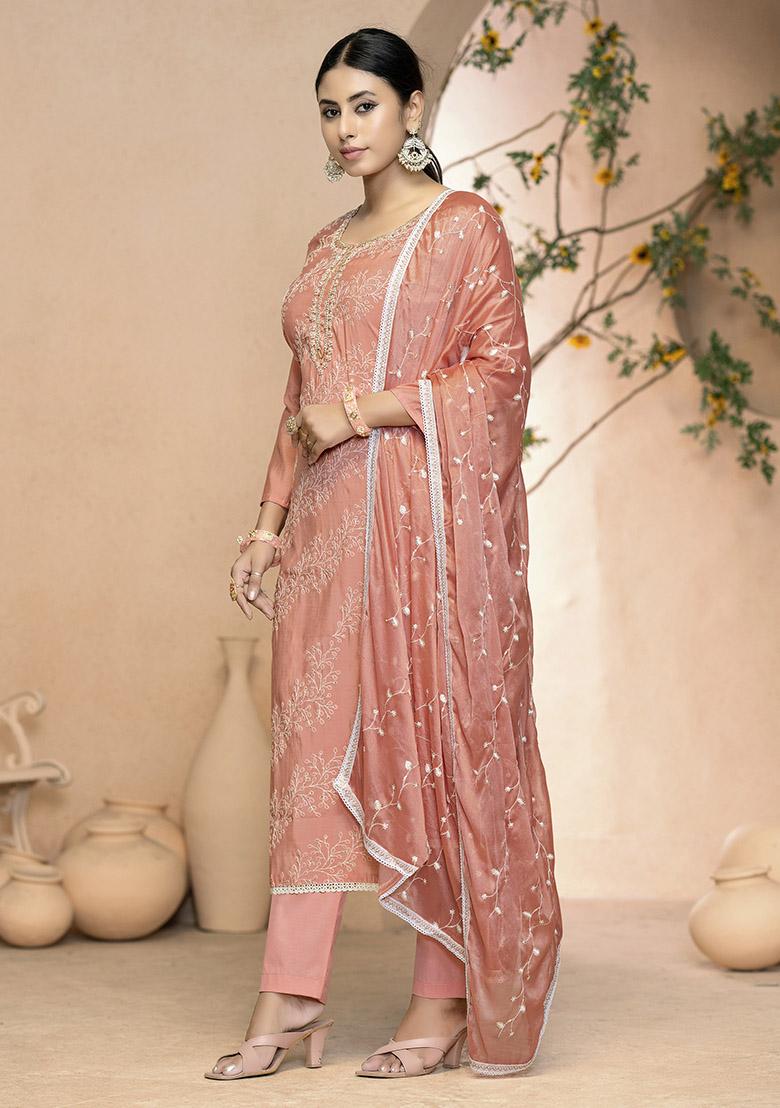 Peach Embroidered Organza Dress Material