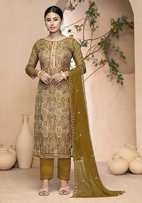 Peach Embroidered Organza Dress Material