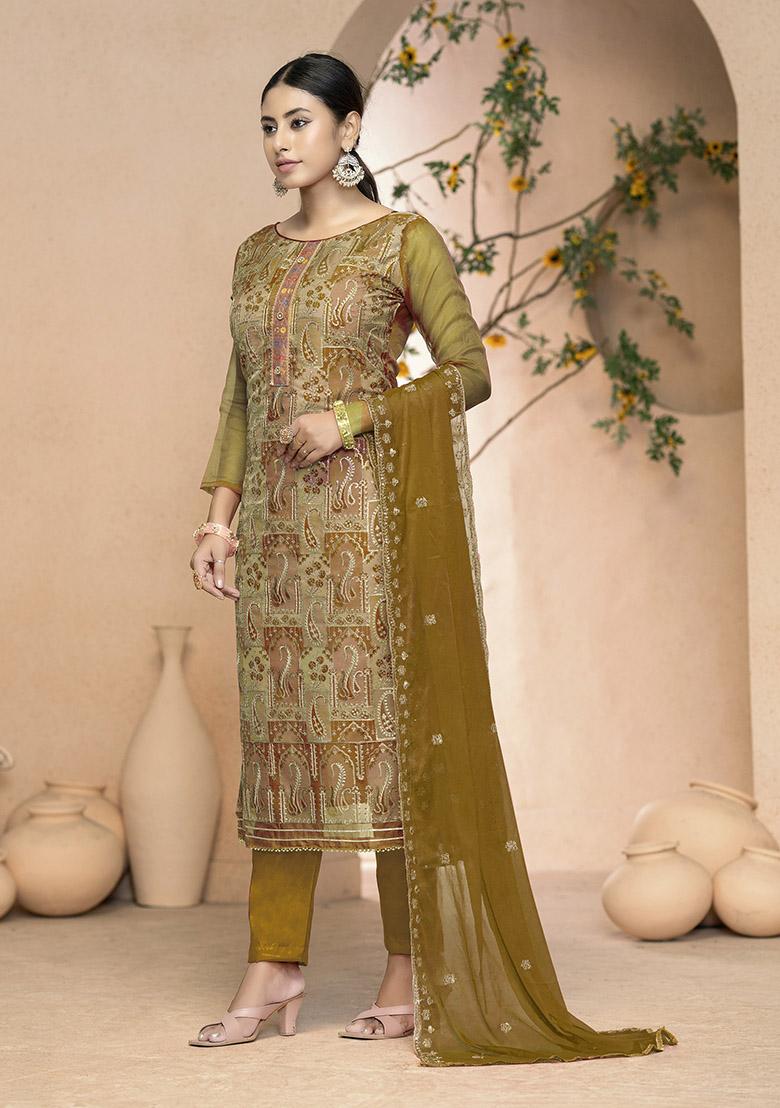 Peach Embroidered Organza Dress Material