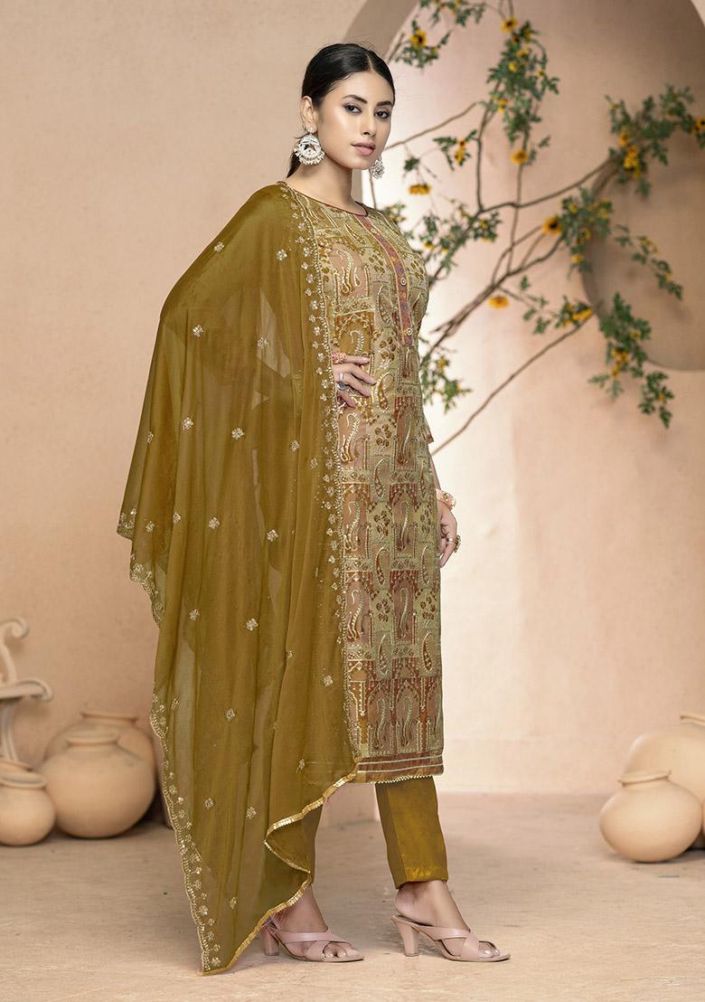 Peach Embroidered Organza Dress Material