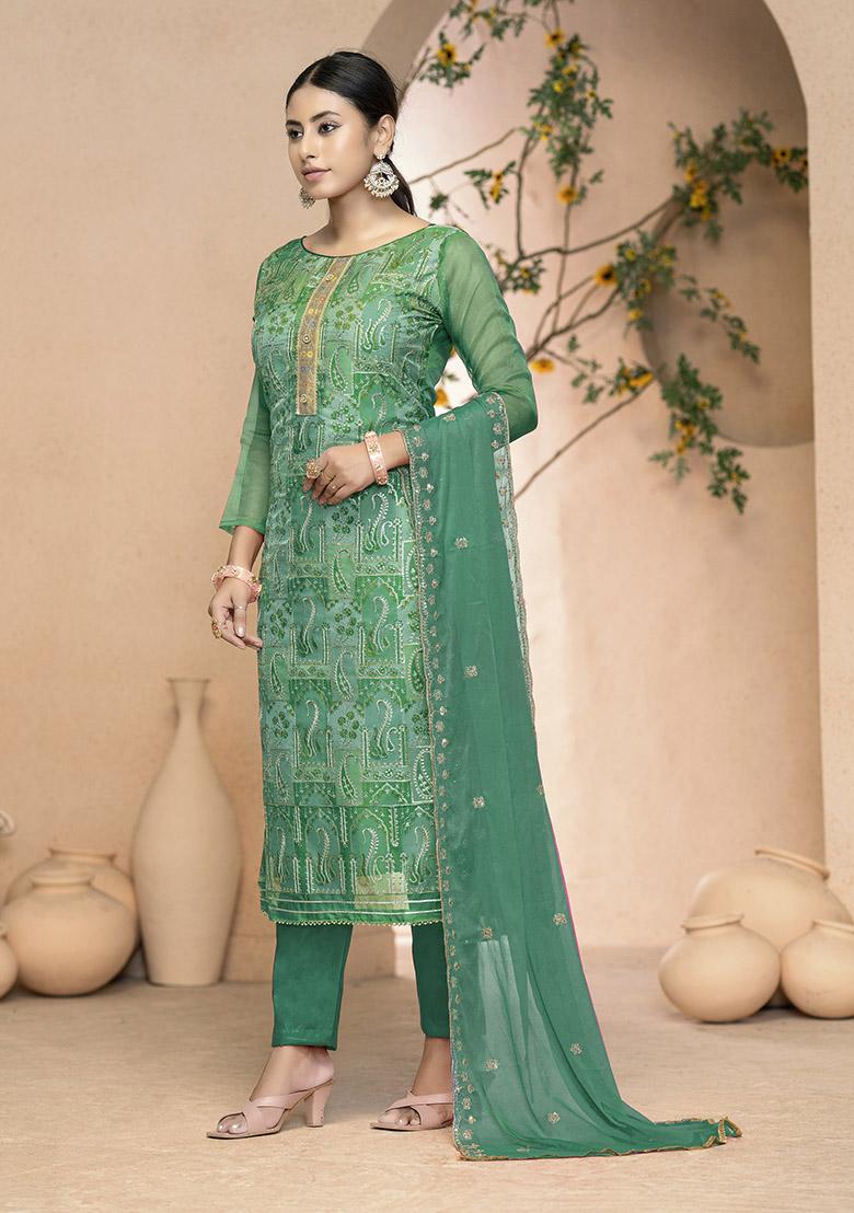 Pink Embroidered Organza Dress Material