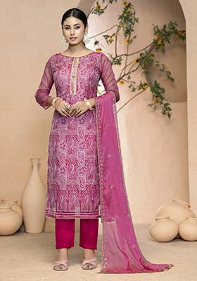 Yellow Embroidered Organza Dress Material