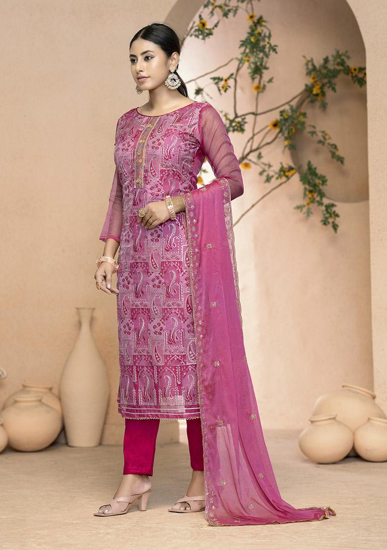 Yellow Embroidered Organza Dress Material