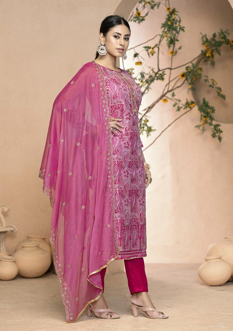 Yellow Embroidered Organza Dress Material