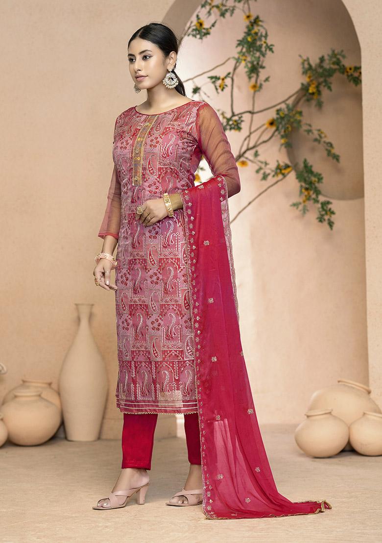 Red Printed Modal Dress Material