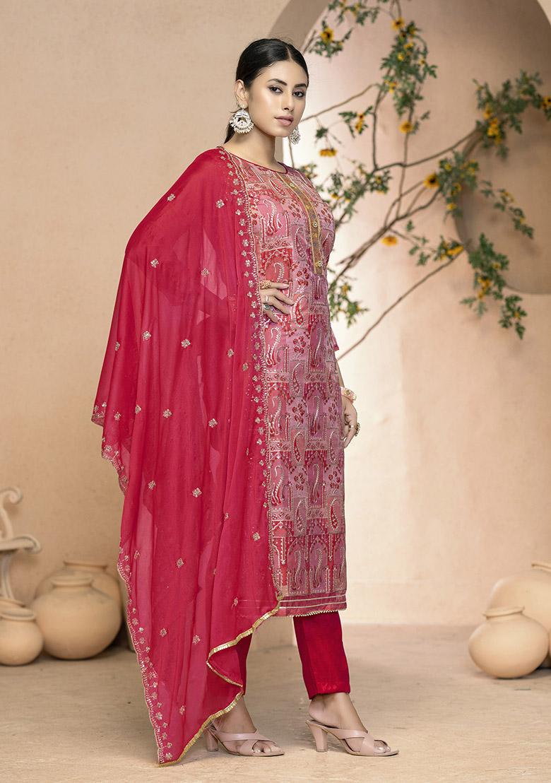 Red Printed Modal Dress Material