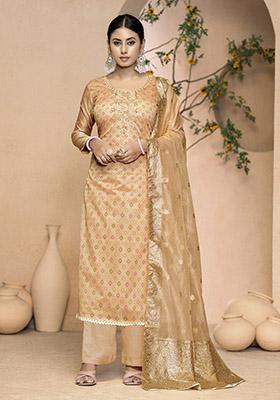 Beige Printed Organza Dress Material