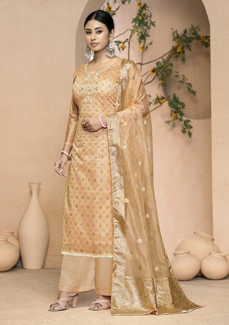 Beige Printed Organza Dress Material