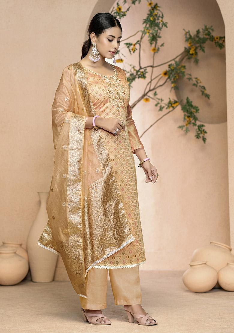 Beige Printed Organza Dress Material