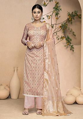 Pink Printed Organza Dress Material