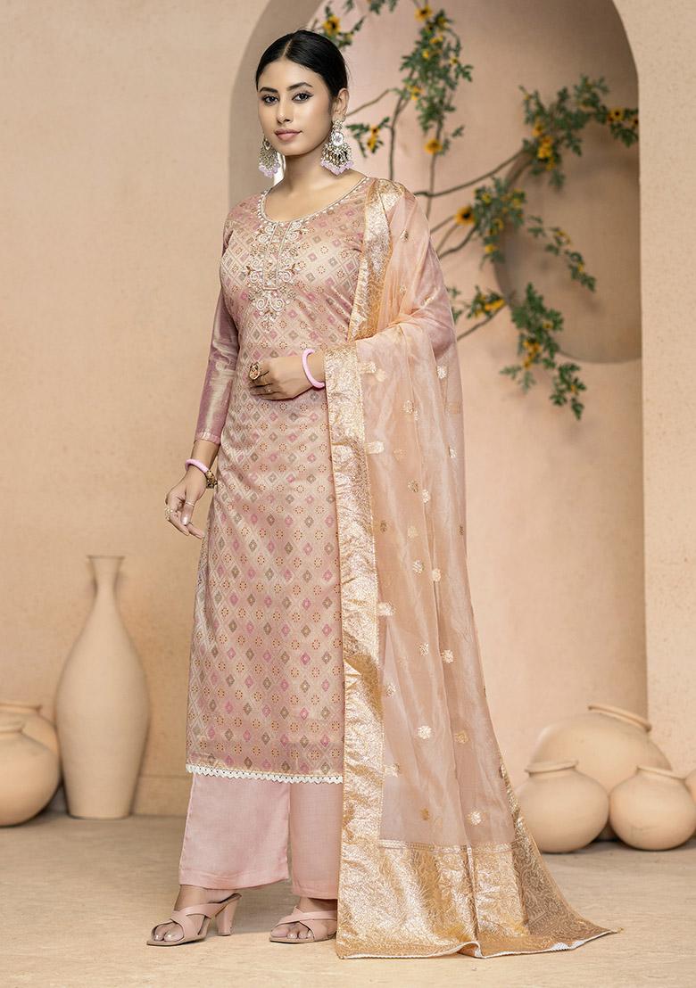 Pink Printed Organza Dress Material