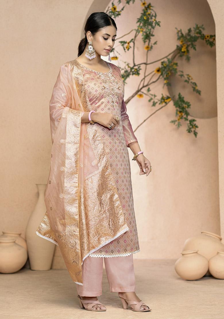 Pink Printed Organza Dress Material