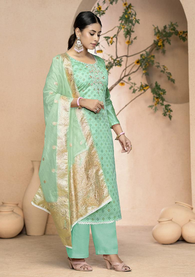 Sky Blue Printed Organza Dress Material