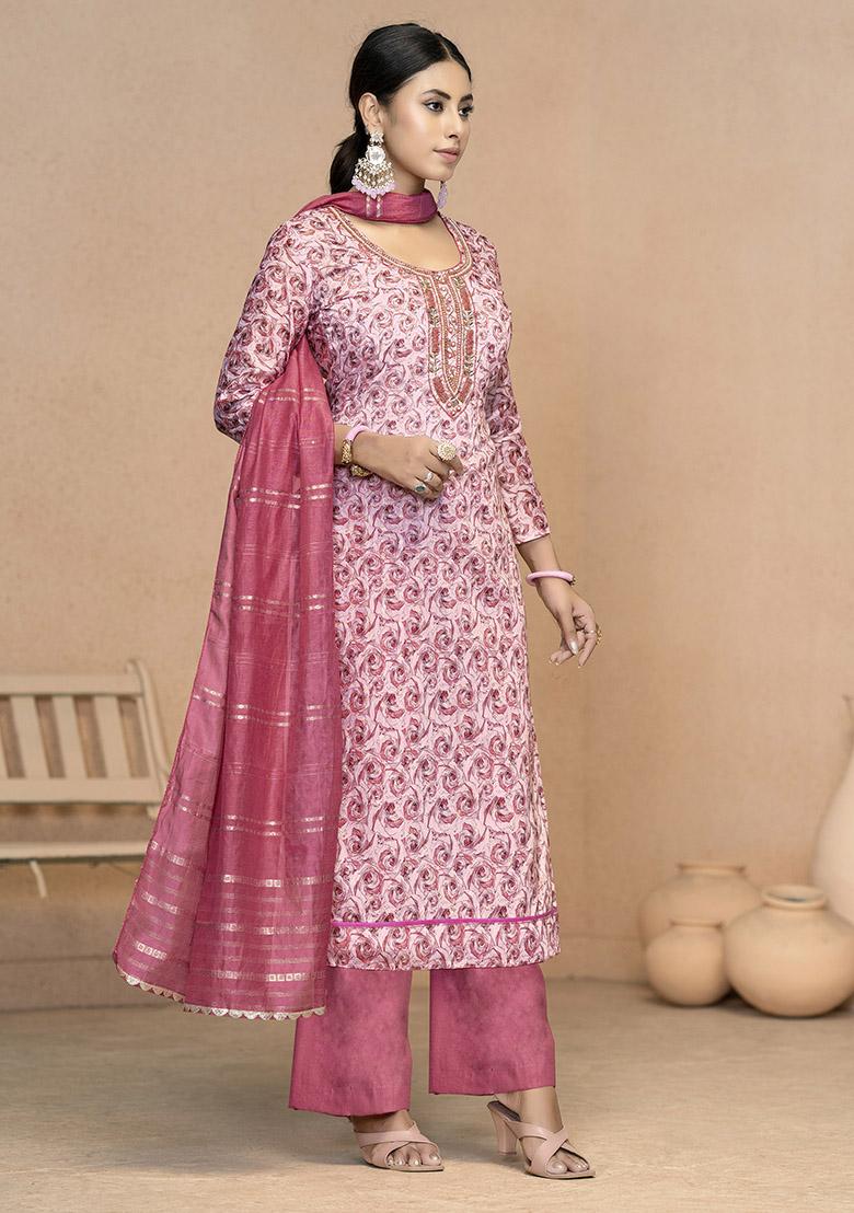 Gajri Pink Embroidered Modal Dress Material
