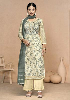 Grey Embroidered Organza Dress Material