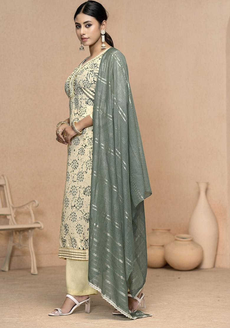 Grey Embroidered Organza Dress Material