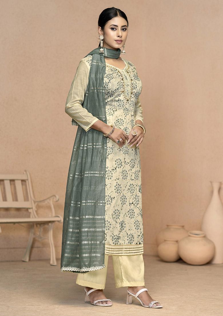 Grey Embroidered Organza Dress Material