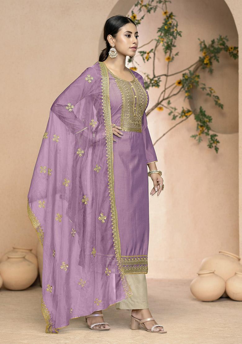 Peach Embroidered Organza Dress Material