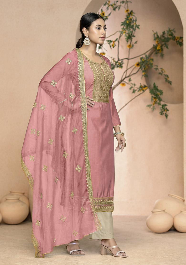 Peach Embroidered Organza Dress Material