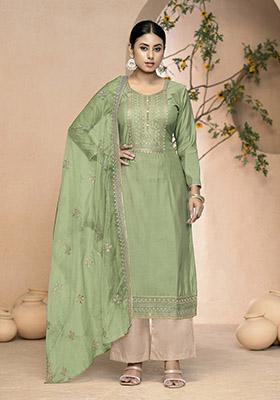Pista Green Embroidered Organza Dress Material